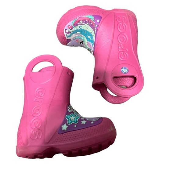 Crocs Pink With Unicorn Rain Boots Size Child 6 - Picture 1 of 5